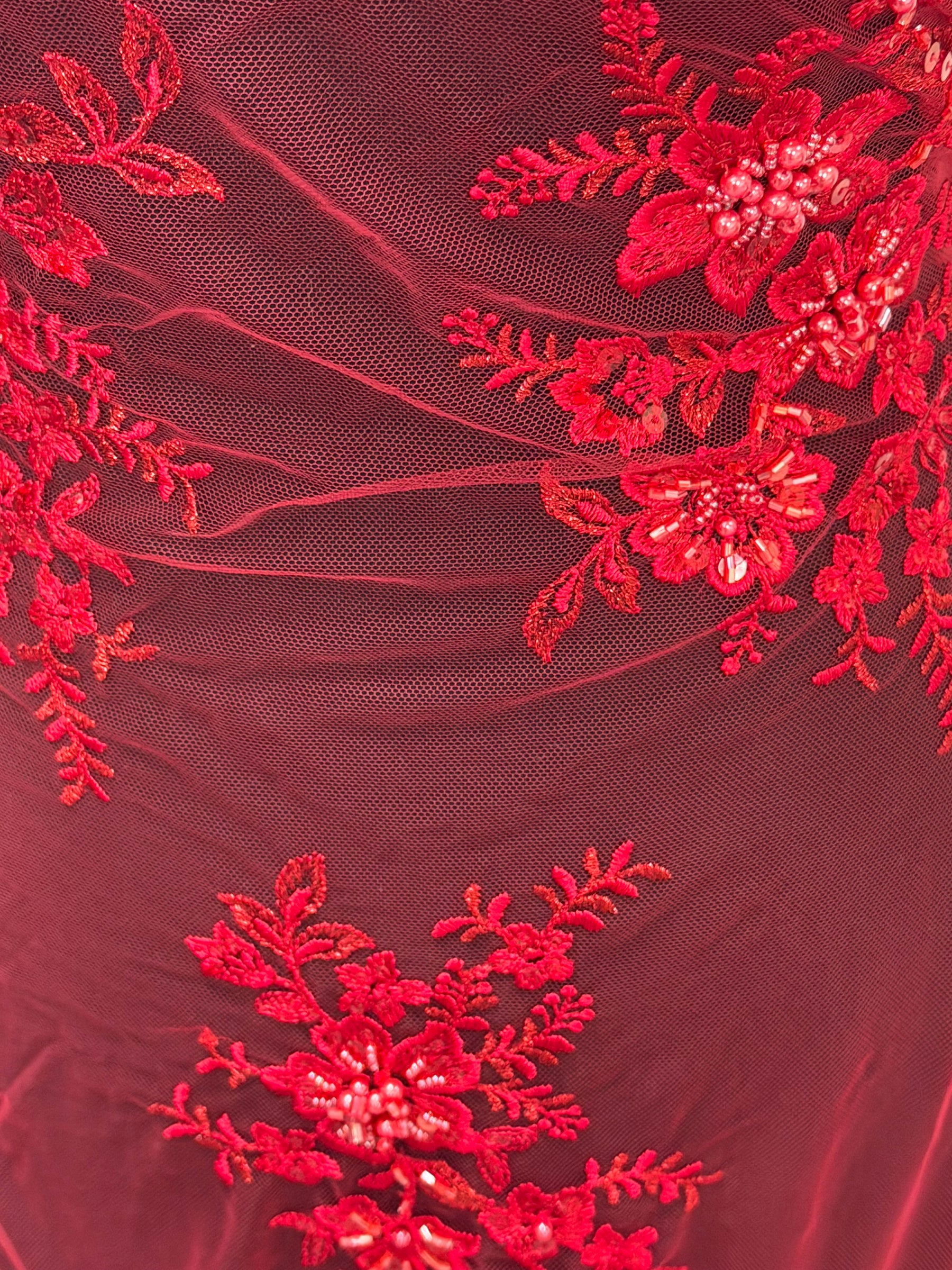 Red Embroidered Beaded Tulle - EB1007