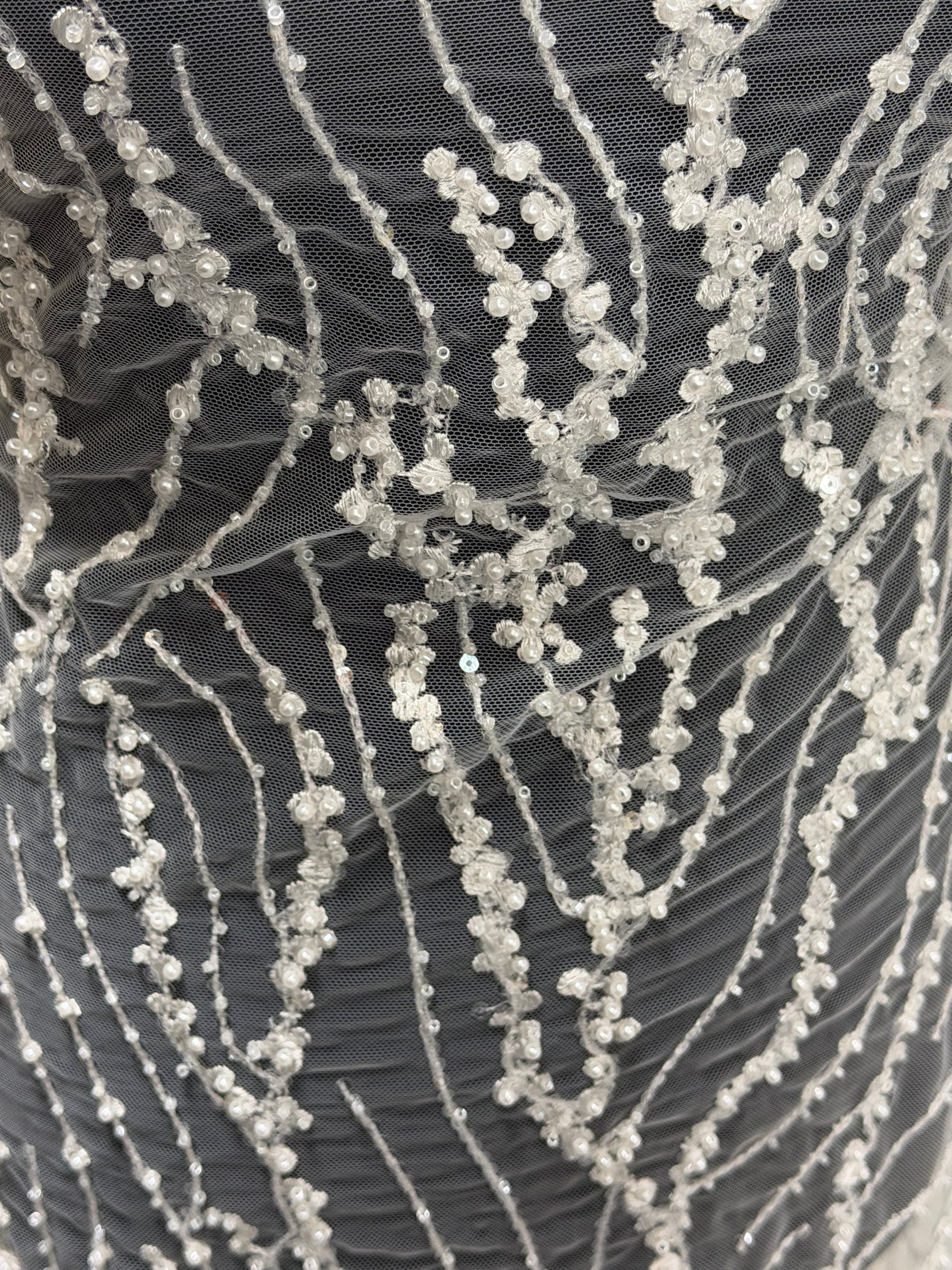 Ivory Embroidered Beaded Tulle - EB1018