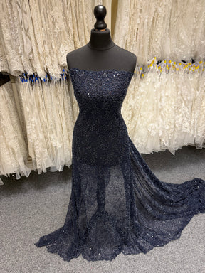 Navy Embroidered Beaded Tulle - EB1050