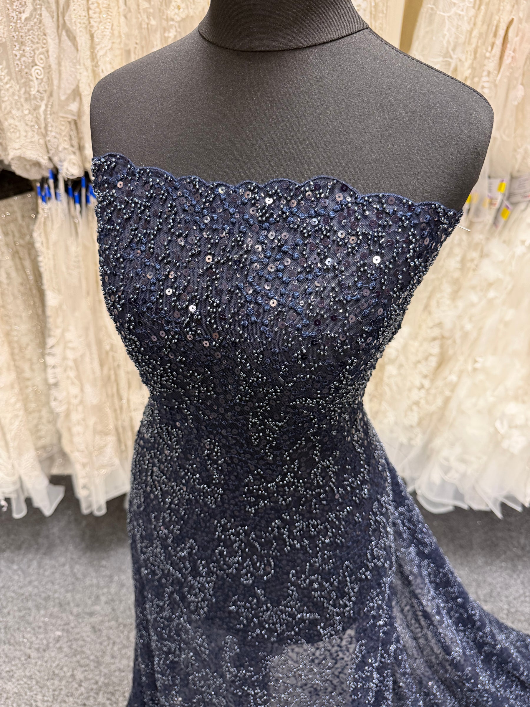 Navy Embroidered Beaded Tulle - EB1050