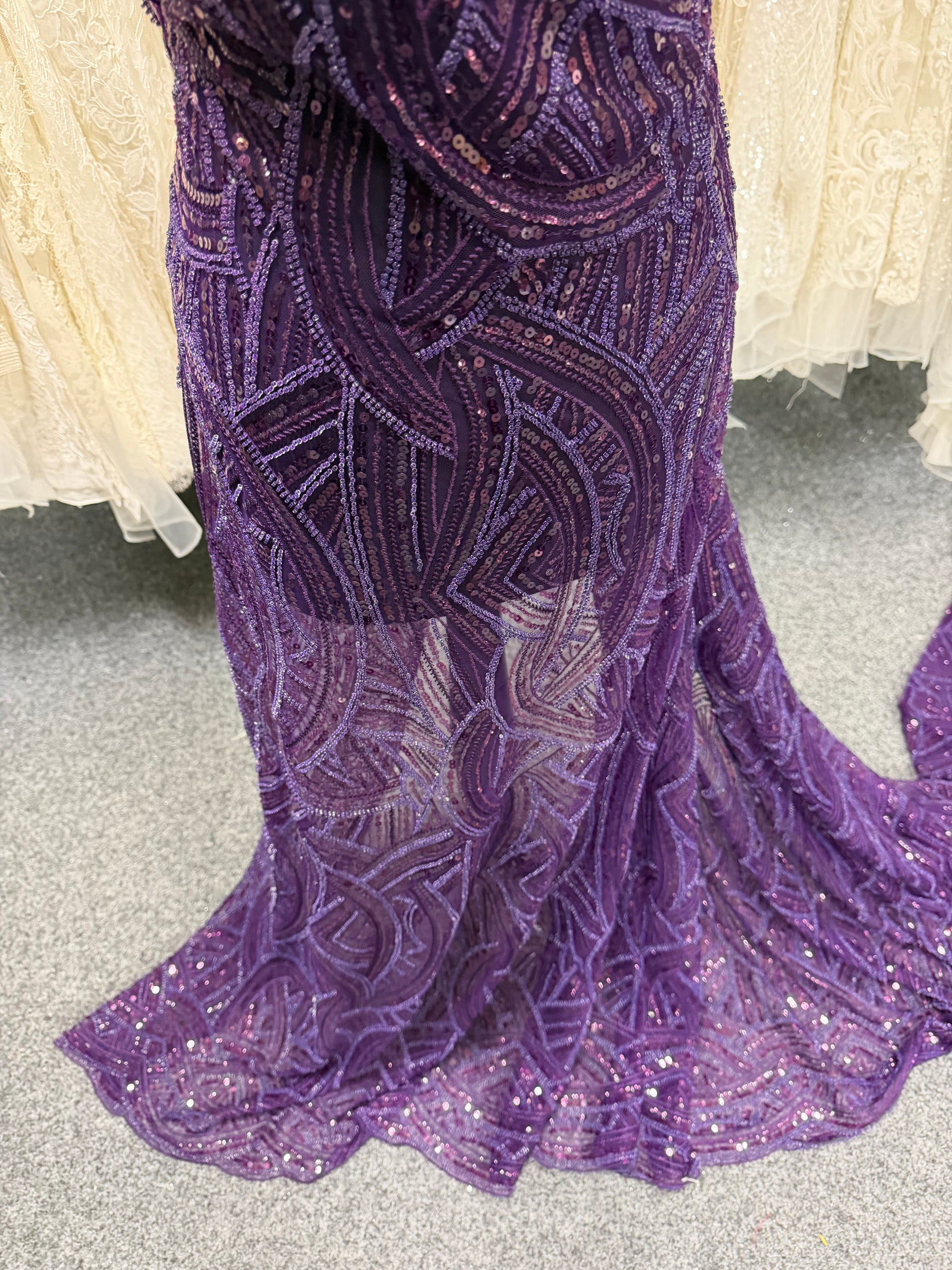 Plum Embroidered Beaded Tulle - EB1056