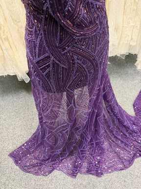 Plum Embroidered Beaded Tulle - EB1056