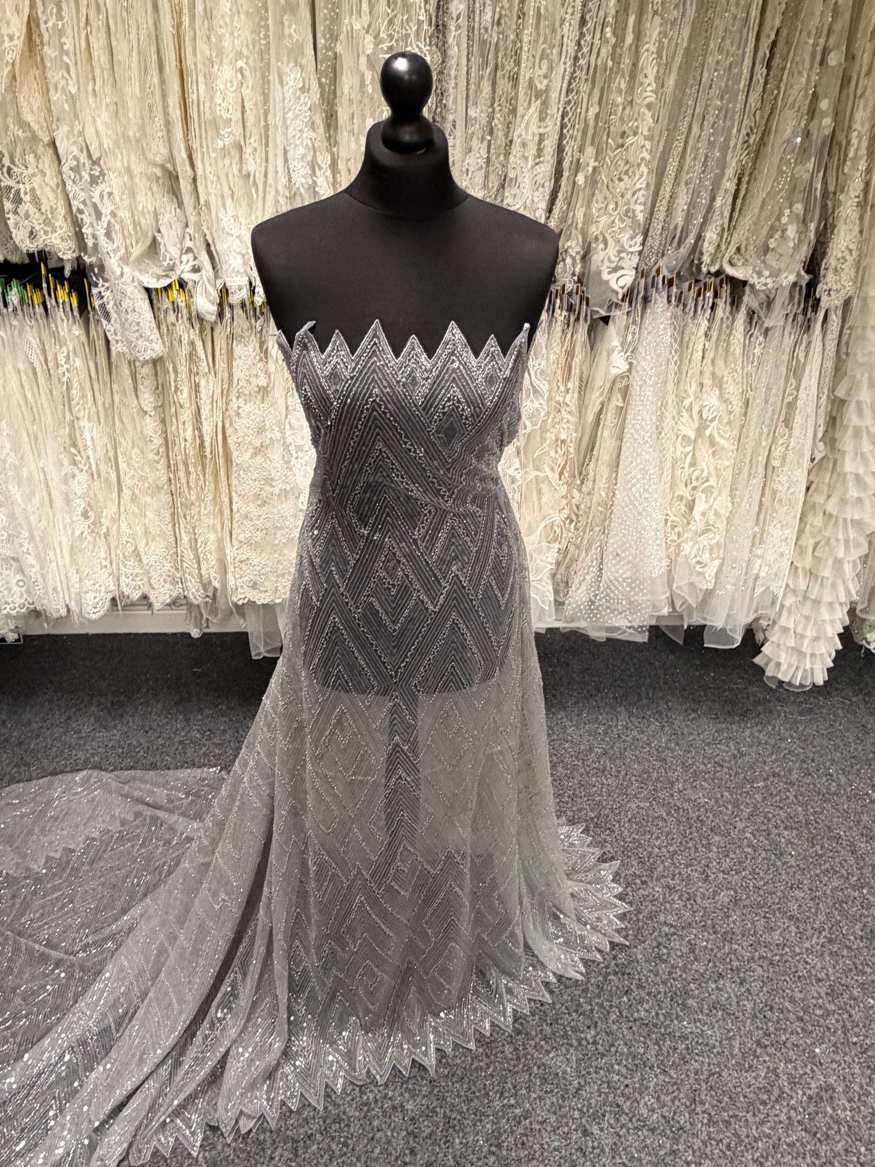 Light Grey Embroidered Beaded Tulle - EB1046