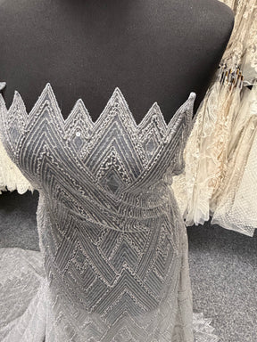 Light Grey Embroidered Beaded Tulle - EB1046