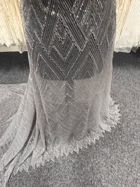 Light Grey Embroidered Beaded Tulle - EB1046