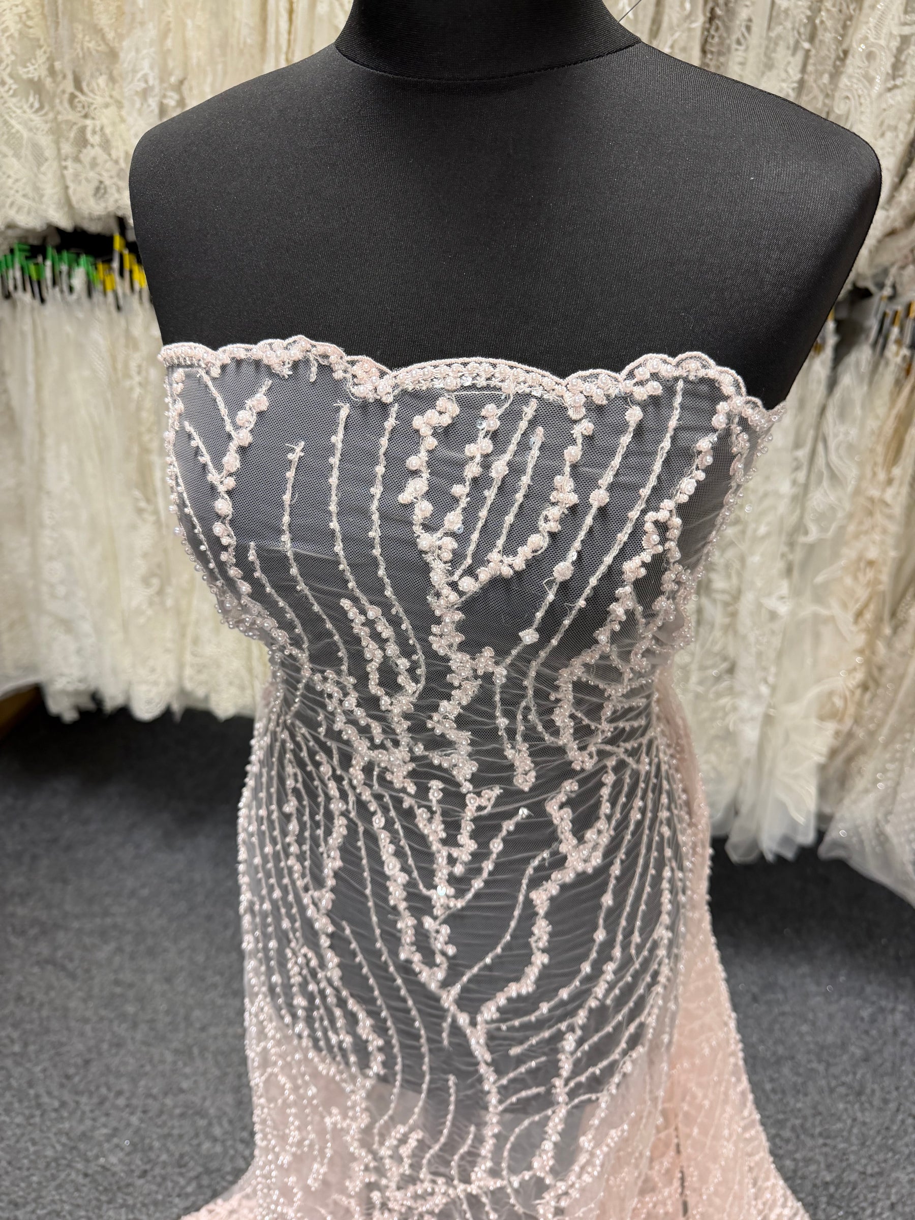 Baby Pink Embroidered Beaded Tulle - EB1018