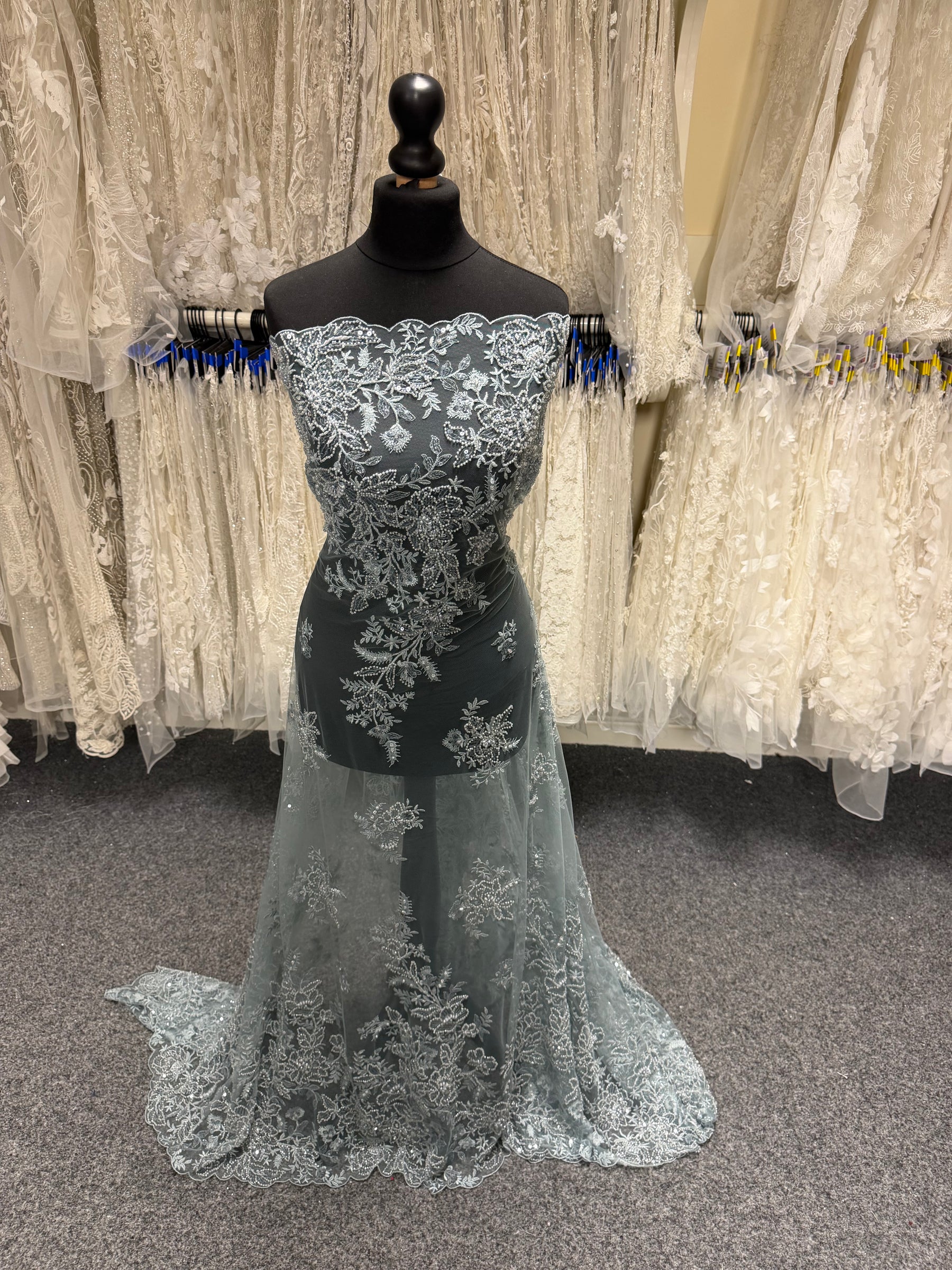 Grey Blue Embroidered Beaded Tulle - EB1041