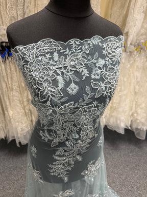 Grey Blue Embroidered Beaded Tulle - EB1041