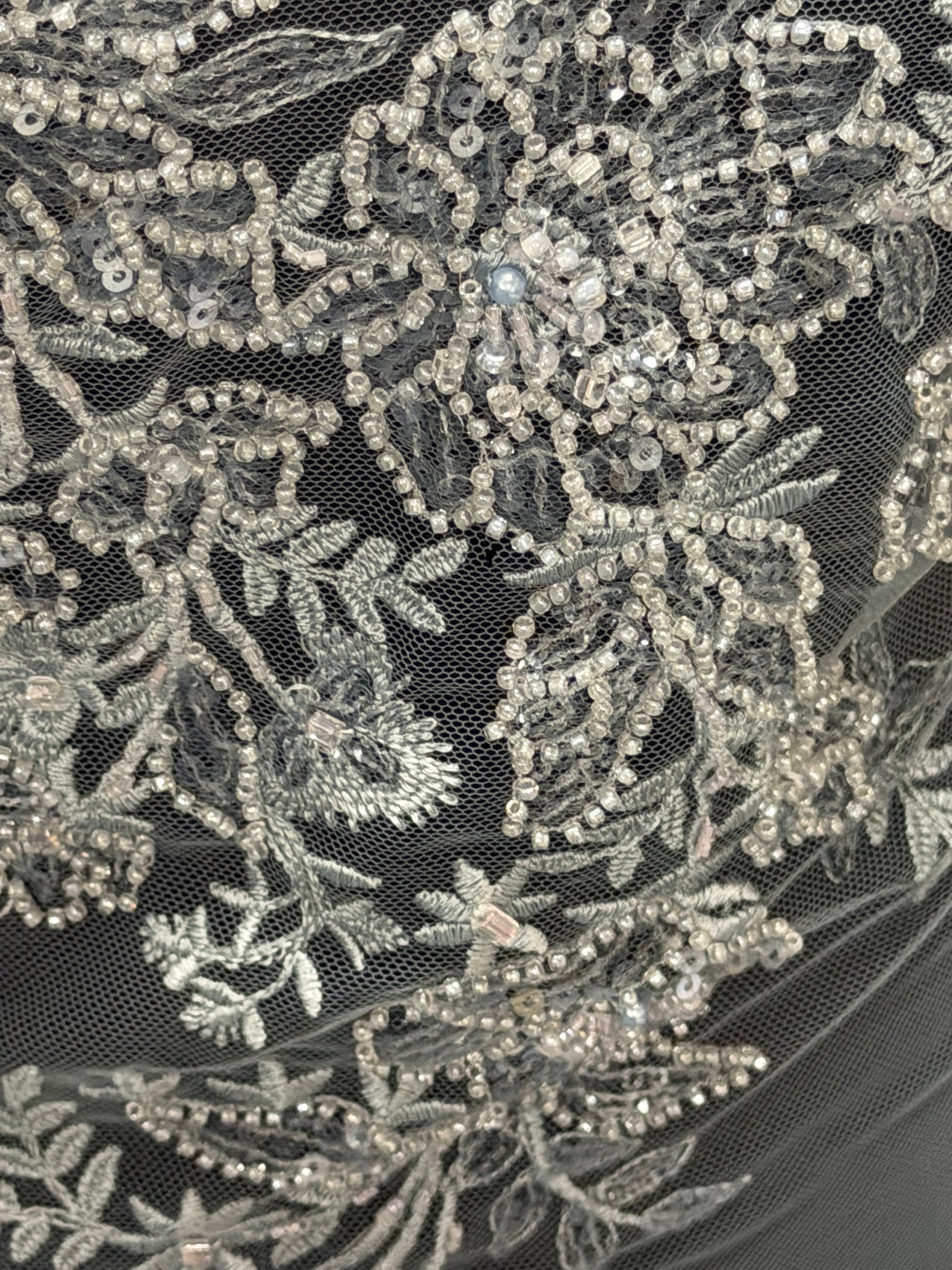 Grey Blue Embroidered Beaded Tulle - EB1041