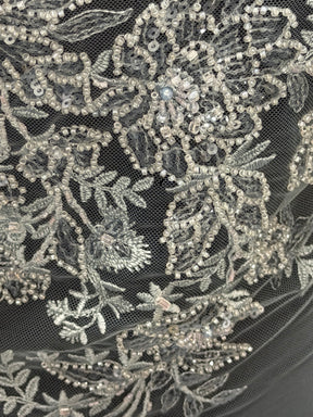 Grey Blue Embroidered Beaded Tulle - EB1041