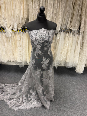 Dark Grey 3D Embroidered Beaded Tulle - EB1030