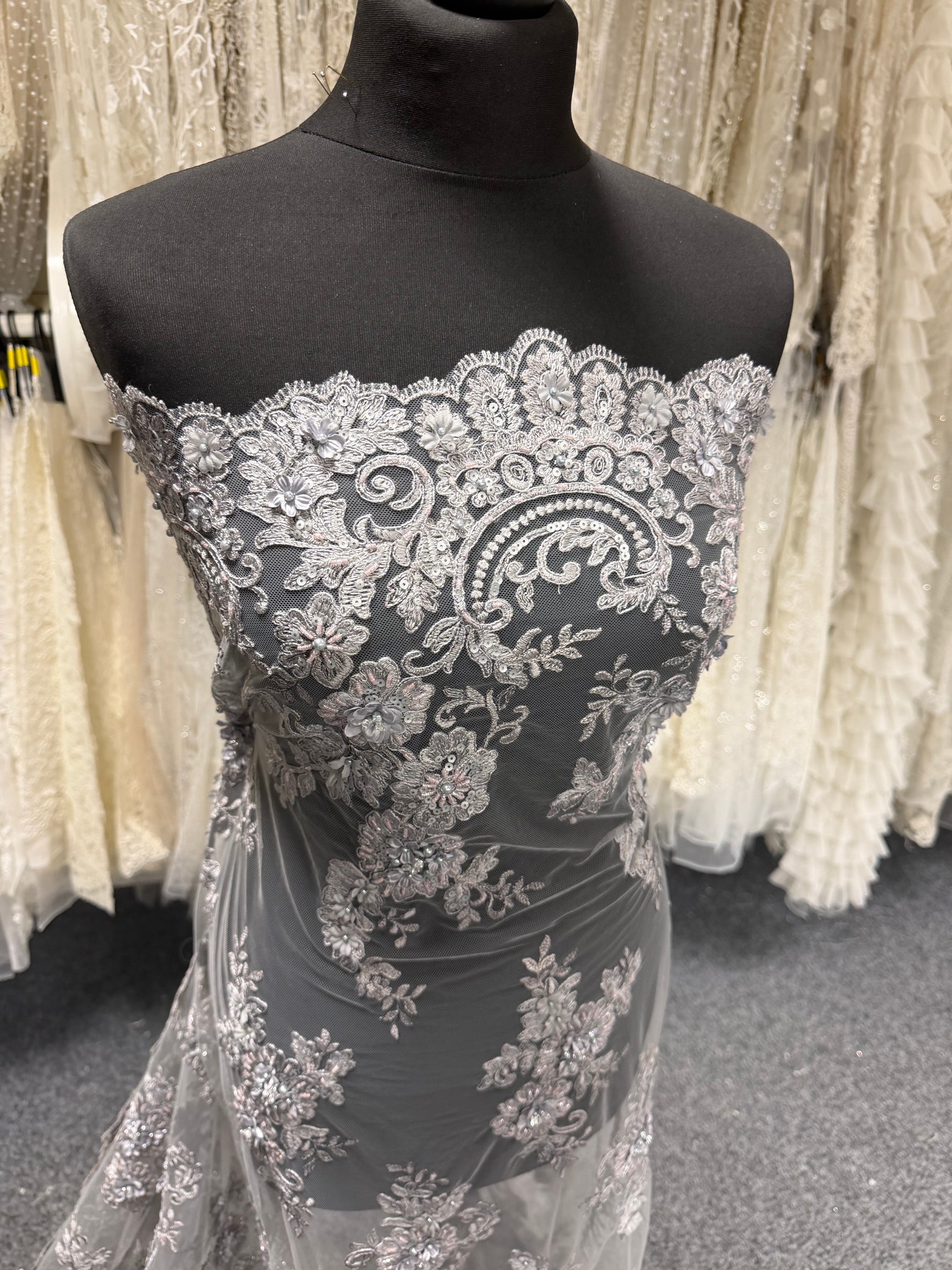 Dark Grey 3D Embroidered Beaded Tulle - EB1030
