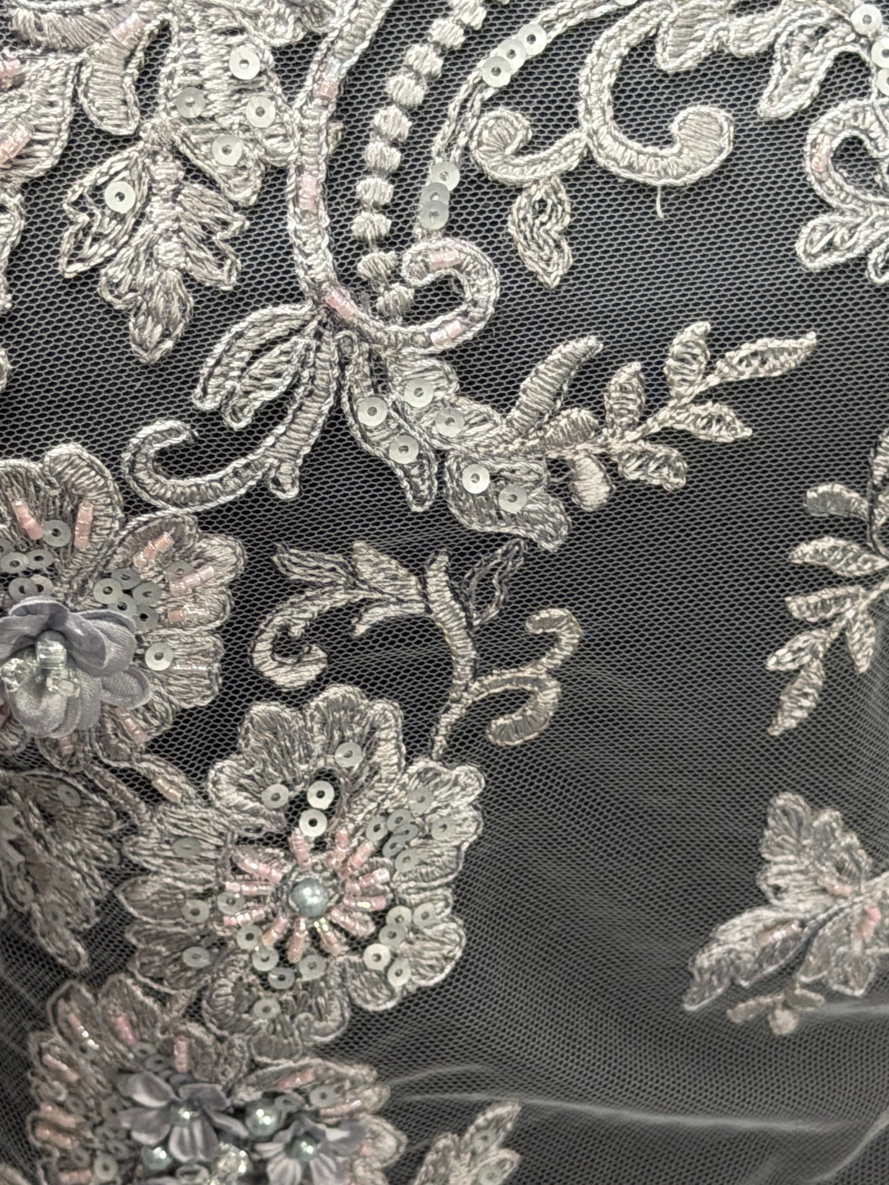 Dark Grey 3D Embroidered Beaded Tulle - EB1030