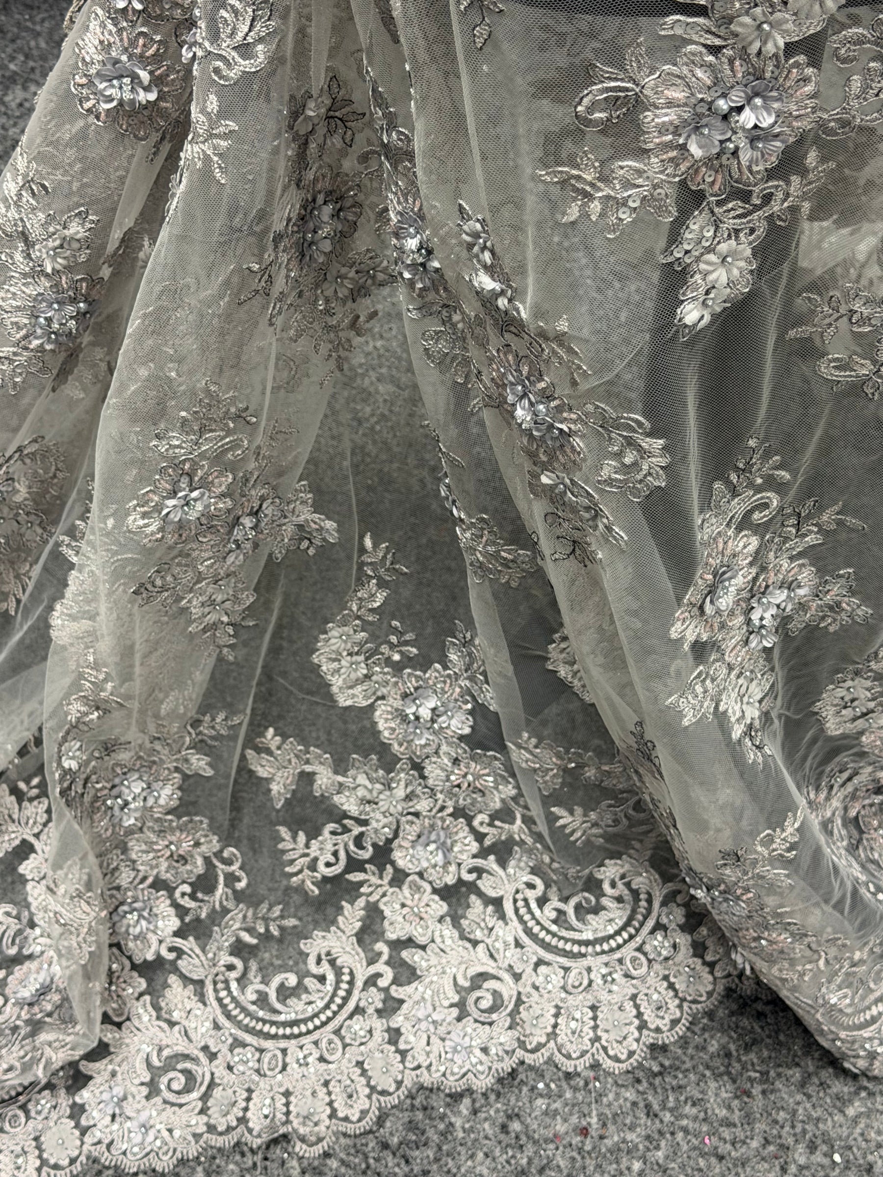 Dark Grey 3D Embroidered Beaded Tulle - EB1030
