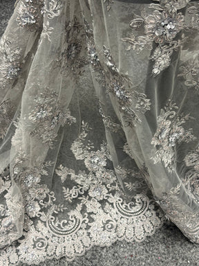 Dark Grey 3D Embroidered Beaded Tulle - EB1030