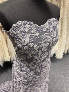 Grey/Indigo Embroidered Tulle - EB1013