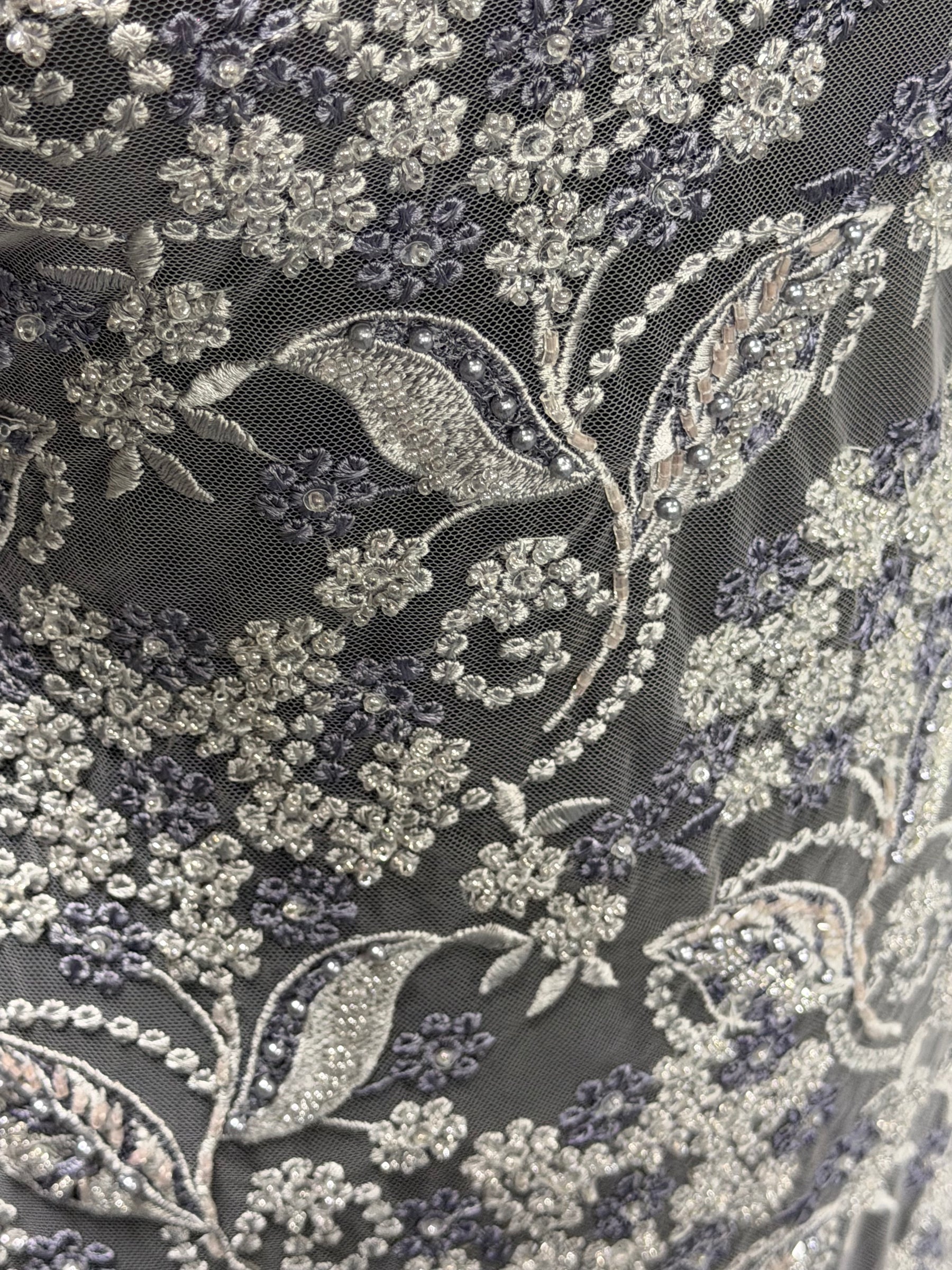 Grey/Indigo Embroidered Tulle - EB1013