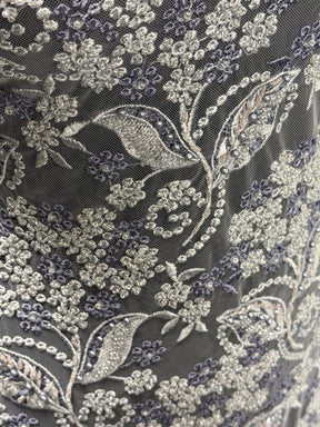 Grey/Indigo Embroidered Tulle - EB1013