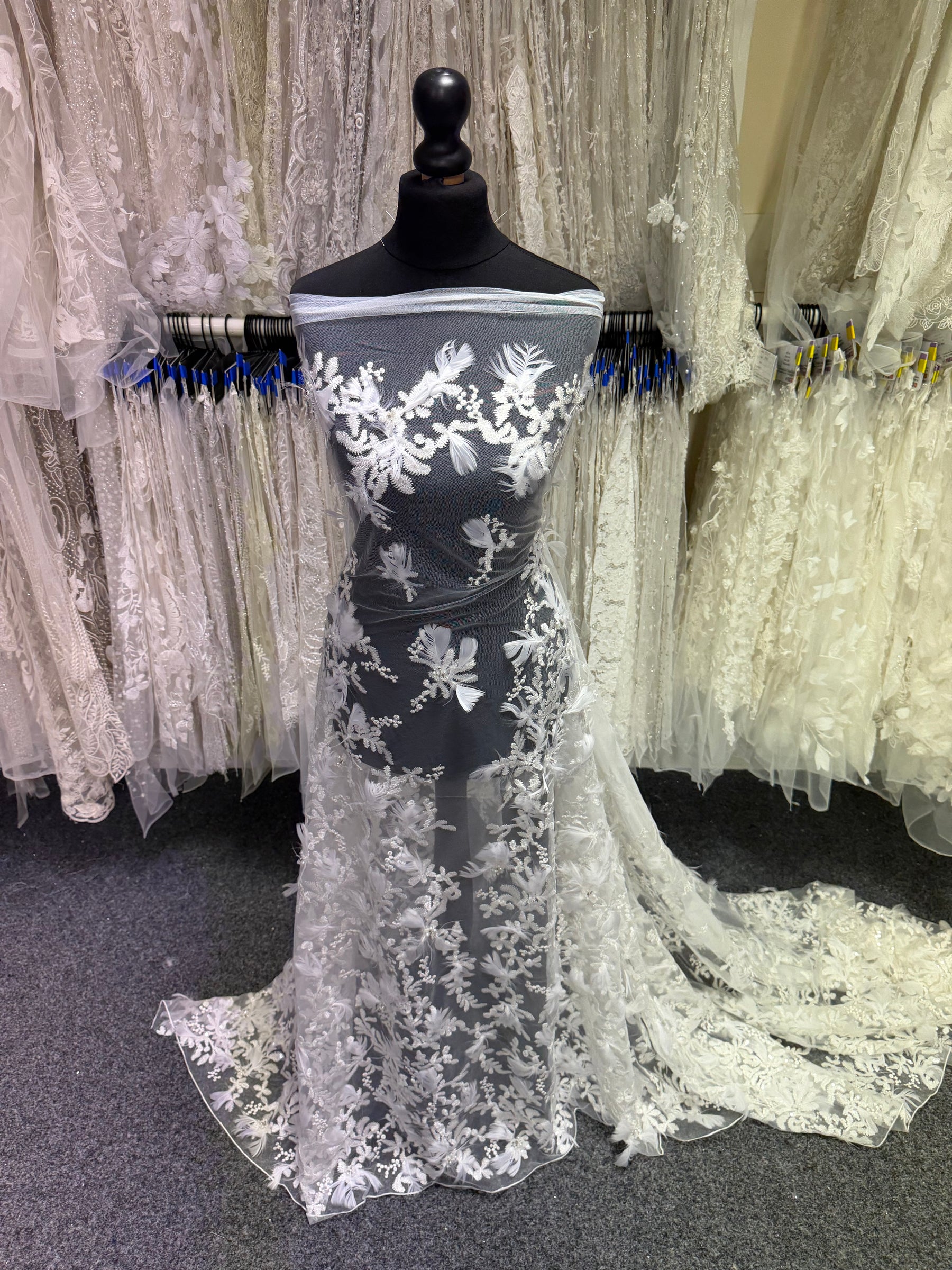 Ivory Embroidered Beaded Feather Tulle - EB1040