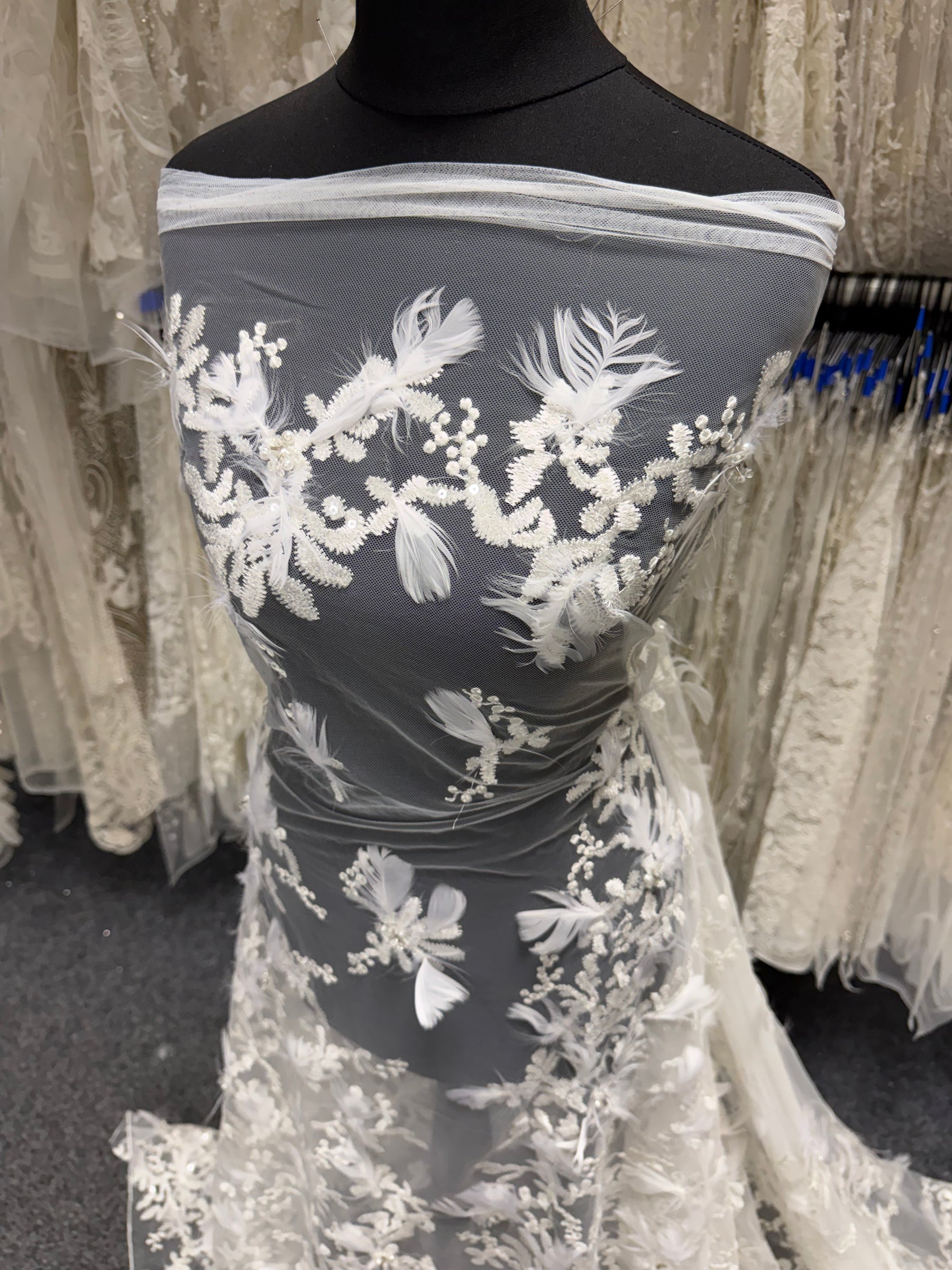 Ivory Embroidered Beaded Feather Tulle - EB1040