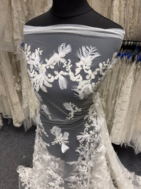 Ivory Embroidered Beaded Feather Tulle - EB1040
