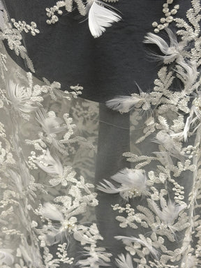 Ivory Embroidered Beaded Feather Tulle - EB1040