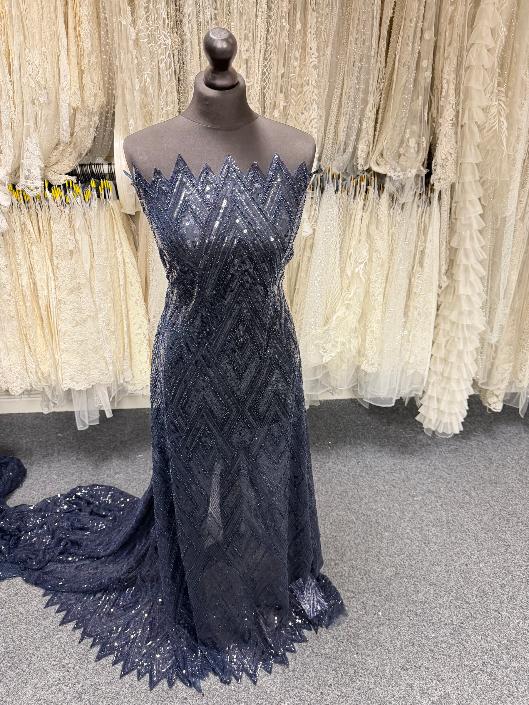 Navy Embroidered Beaded Tulle - EB1046