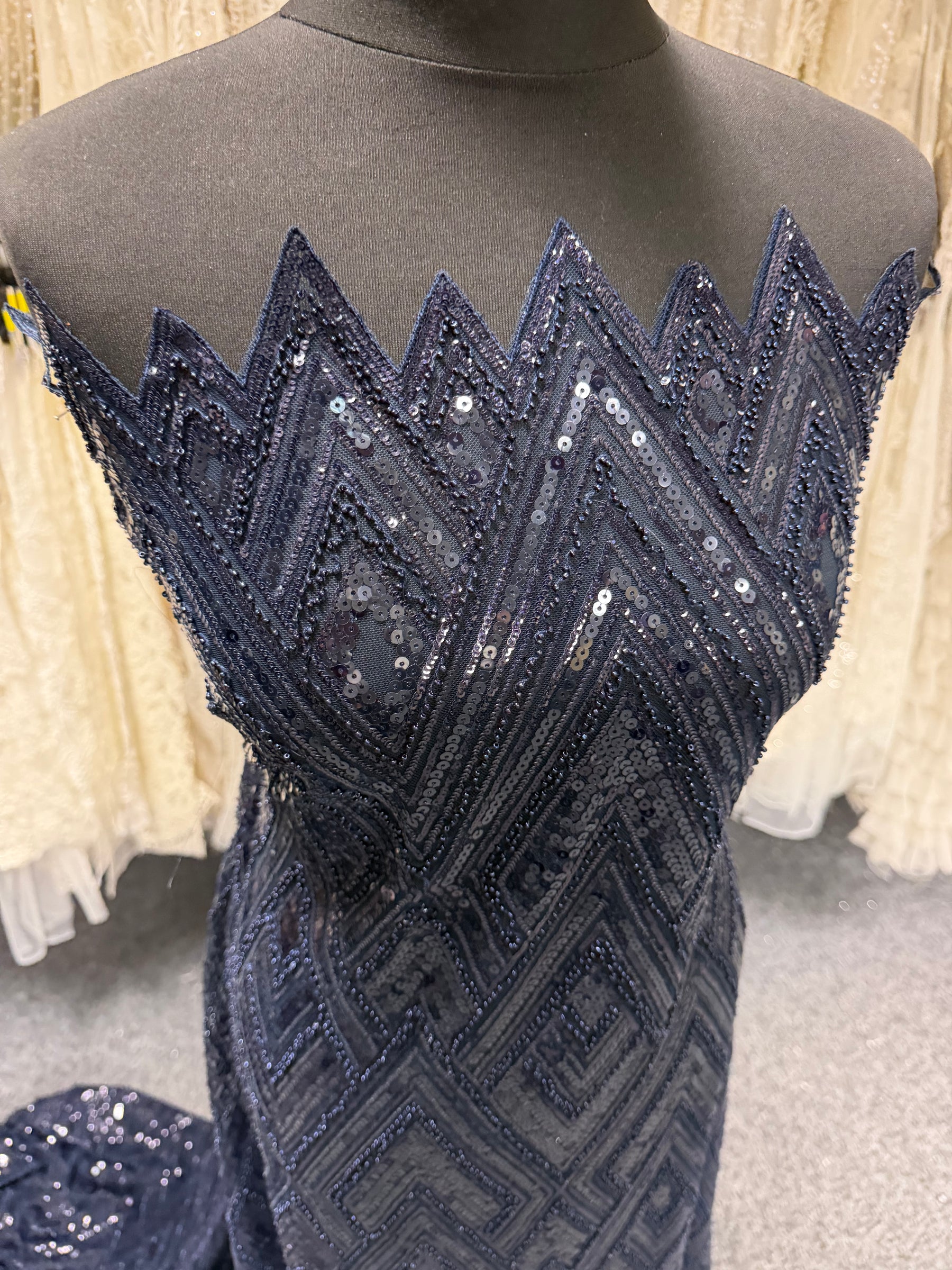 Navy Embroidered Beaded Tulle - EB1046
