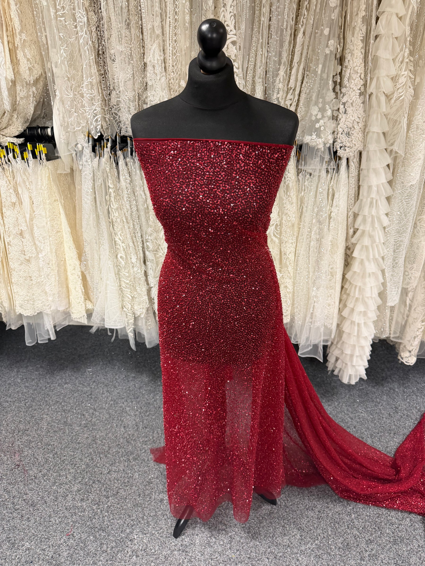 Wine Embroidered Beaded Tulle - EB1012