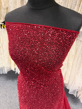 Wine Embroidered Beaded Tulle - EB1012
