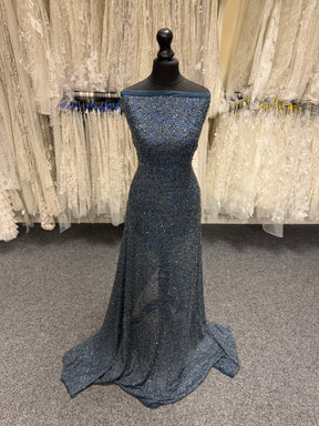 Navy Embroidered Beaded Tulle - EB1011
