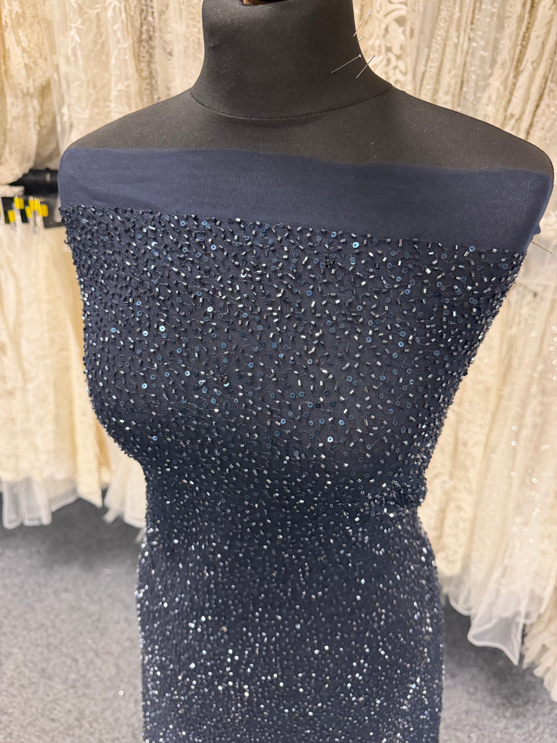 Navy Embroidered Beaded Tulle - EB1012