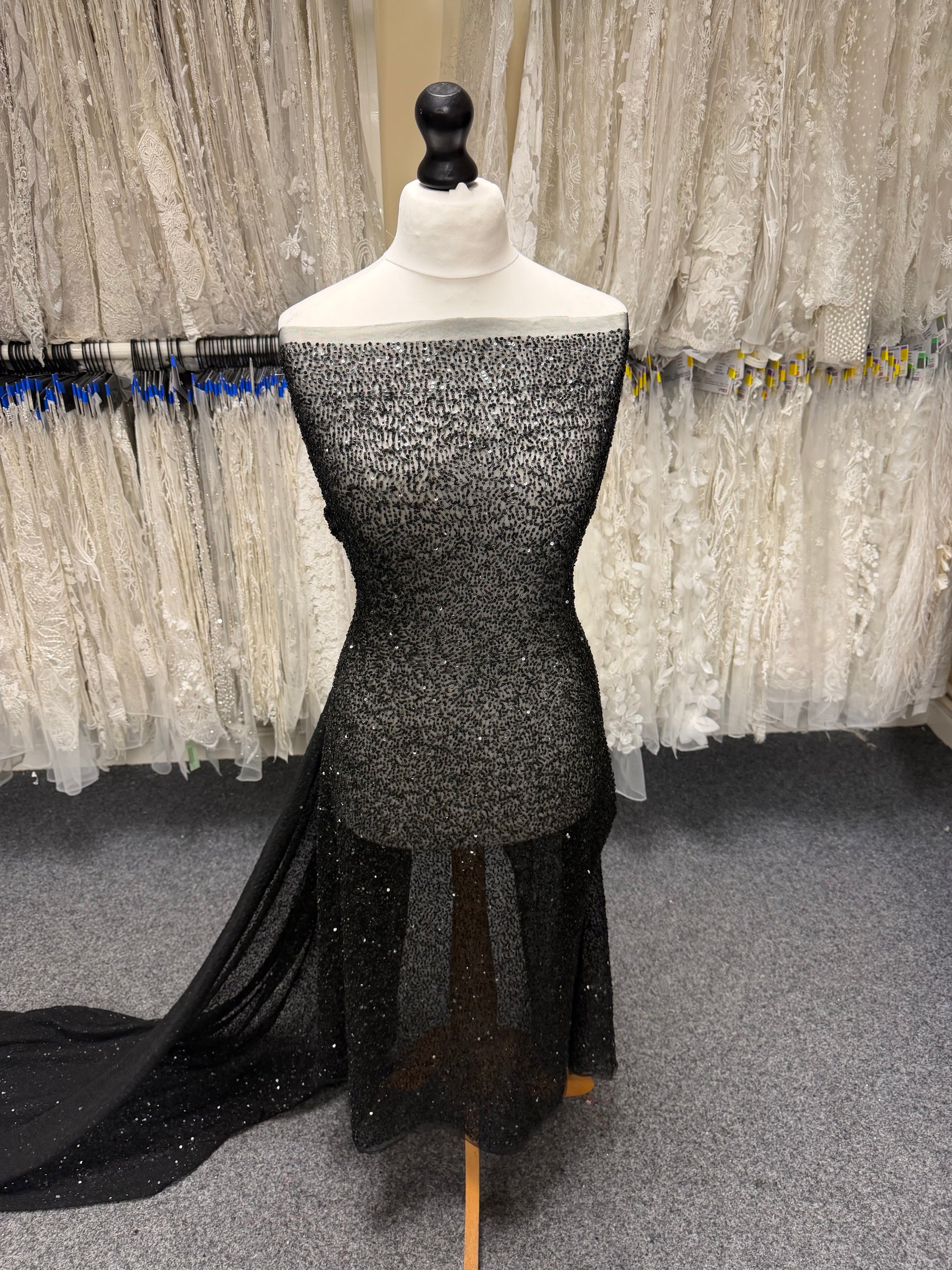 Black Embroidered Beaded Tulle - EB1012