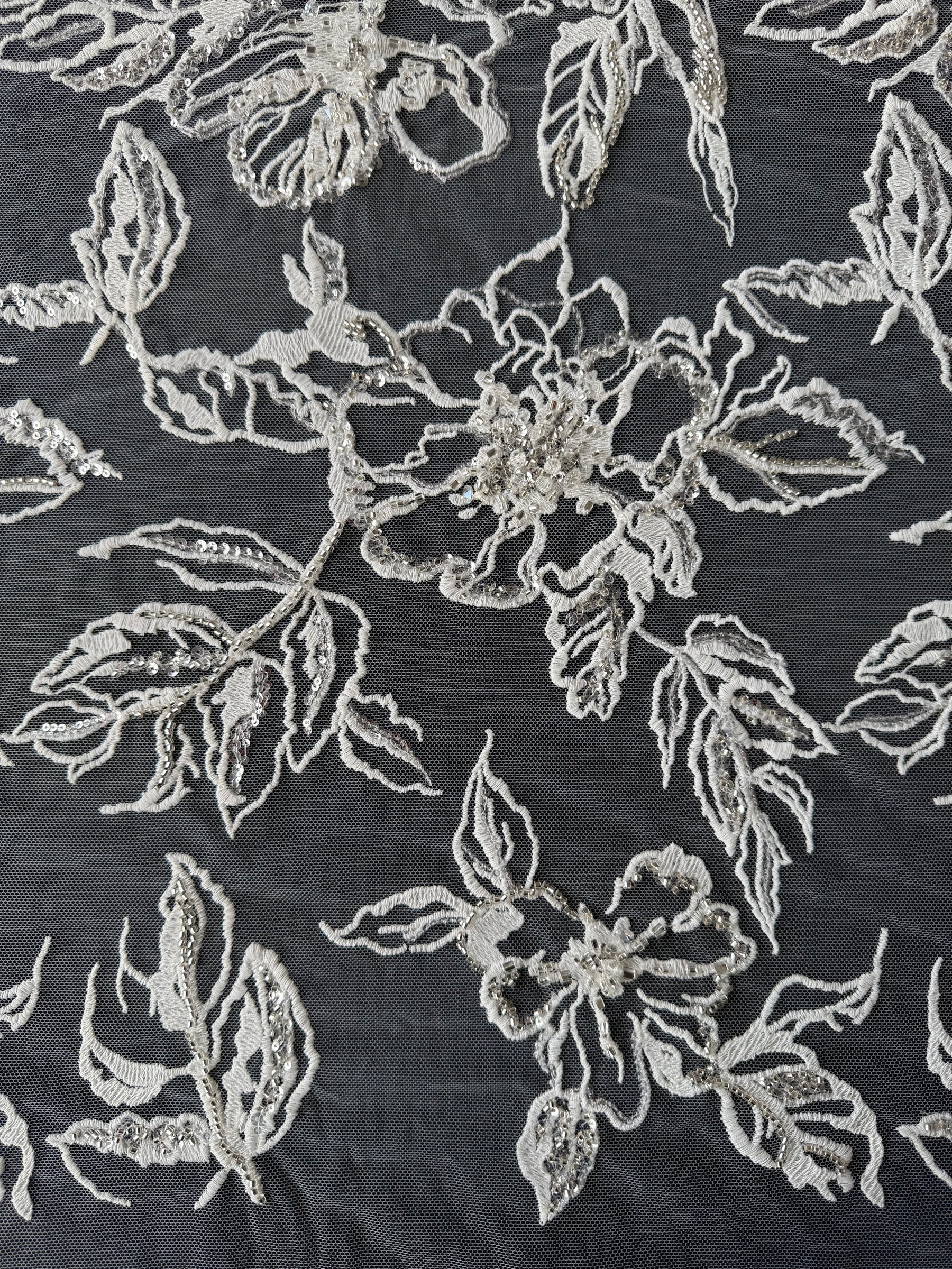 Ivory/Silver Embroidered Beaded Lace - EB1100