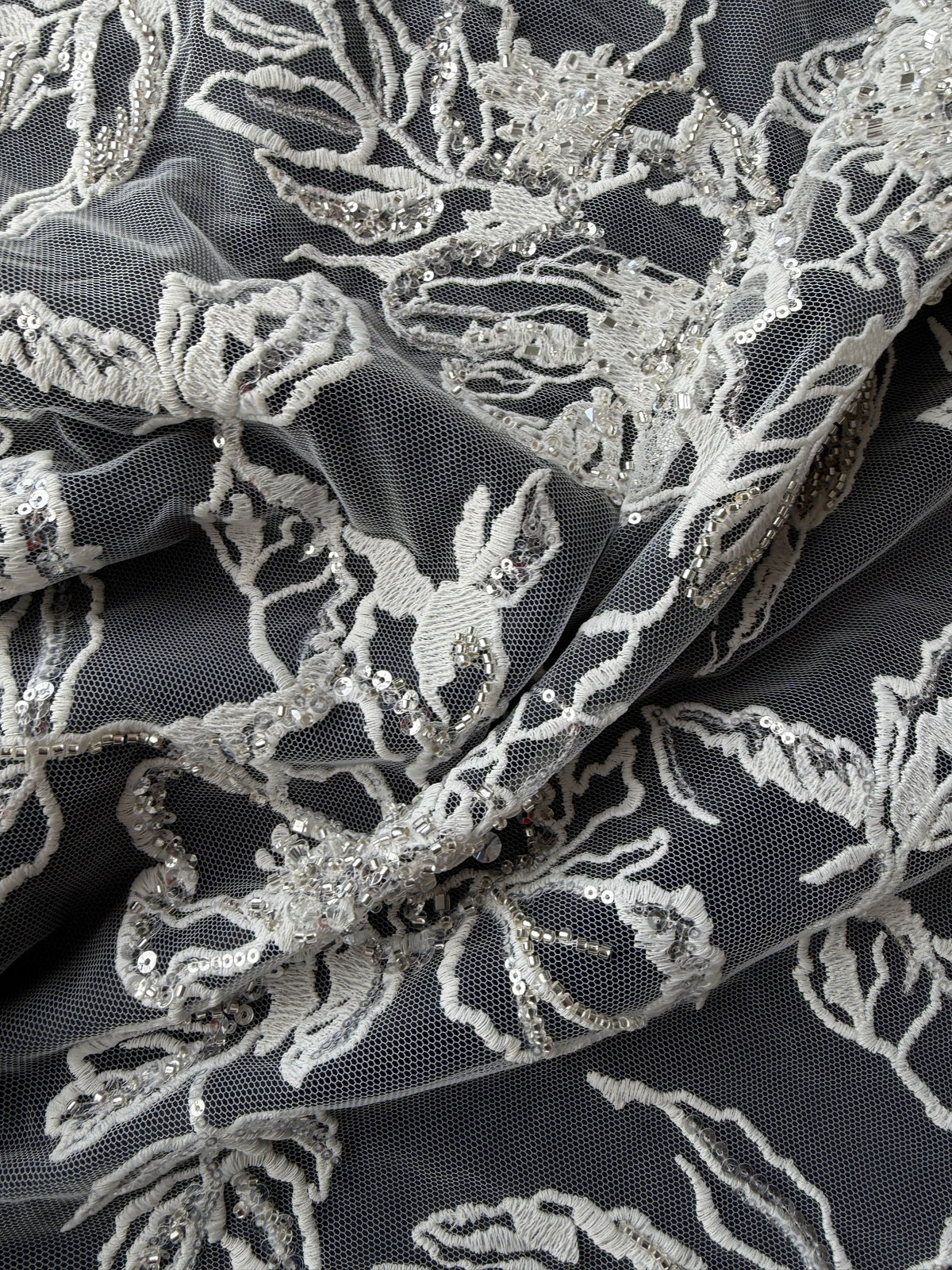 Ivory/Silver Embroidered Beaded Lace - EB1100