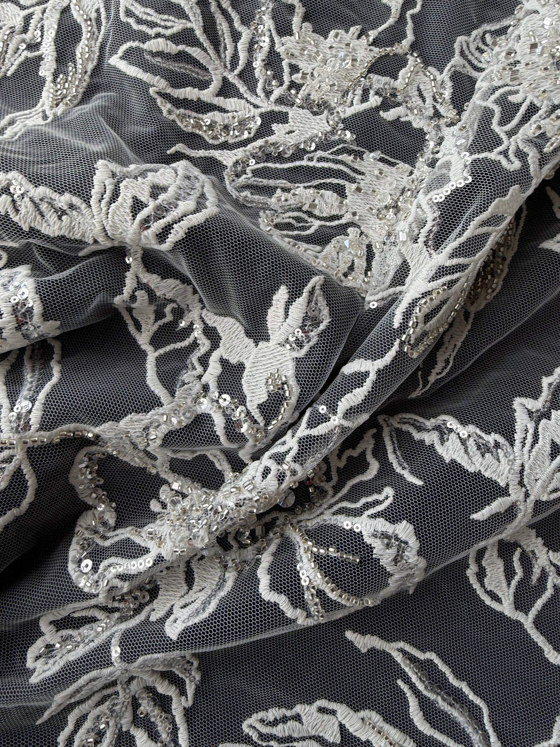 Ivory/Silver Embroidered Beaded Lace - EB1100
