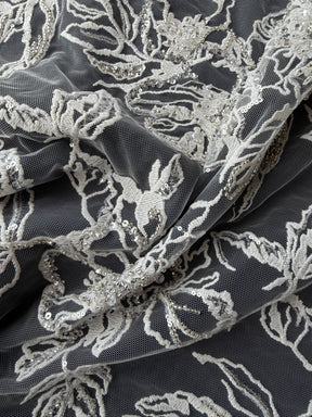 Ivory/Silver Embroidered Beaded Lace - EB1100