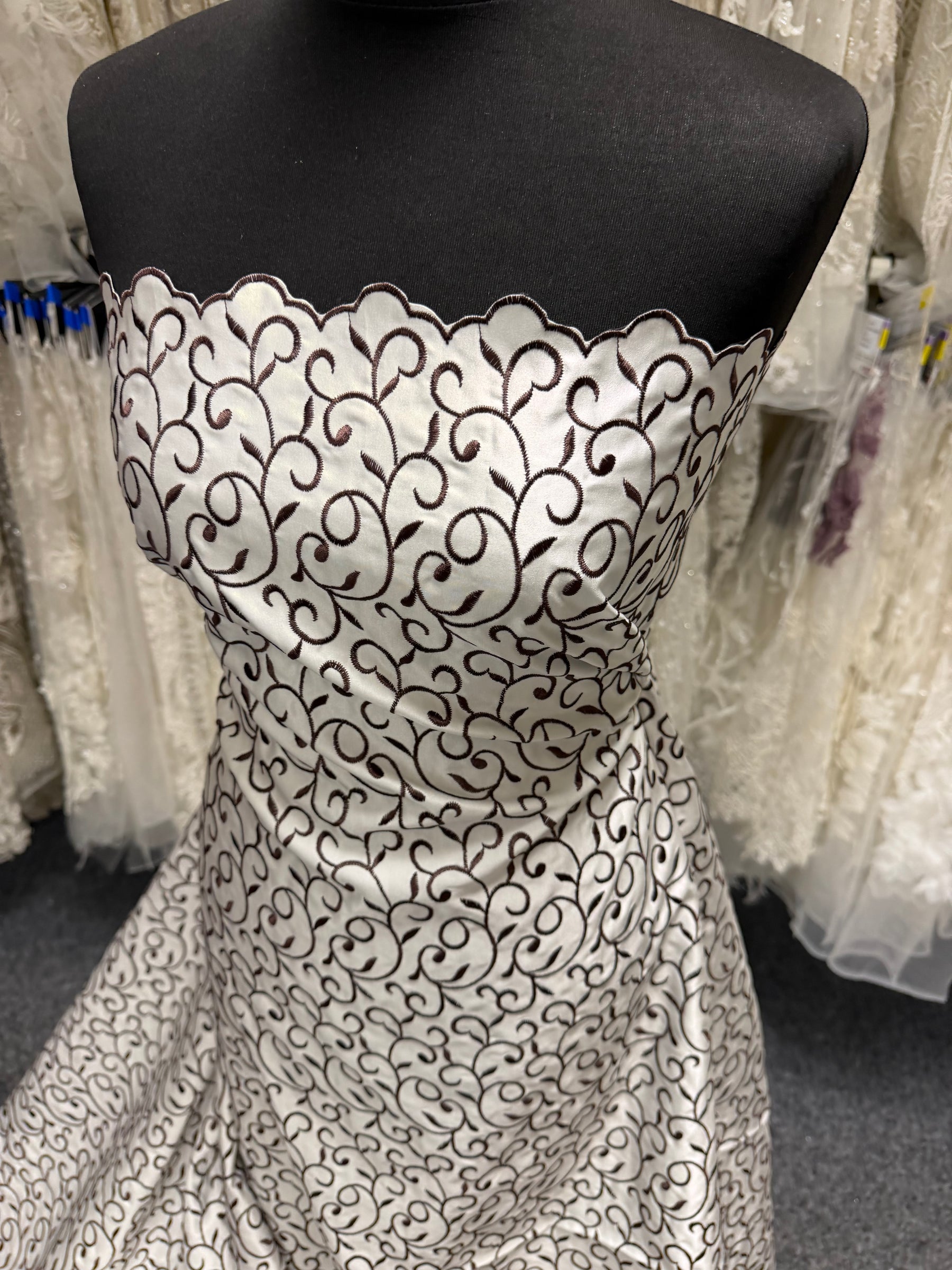 Ivory/Chocolate Embroidered Duchess Satin - P476