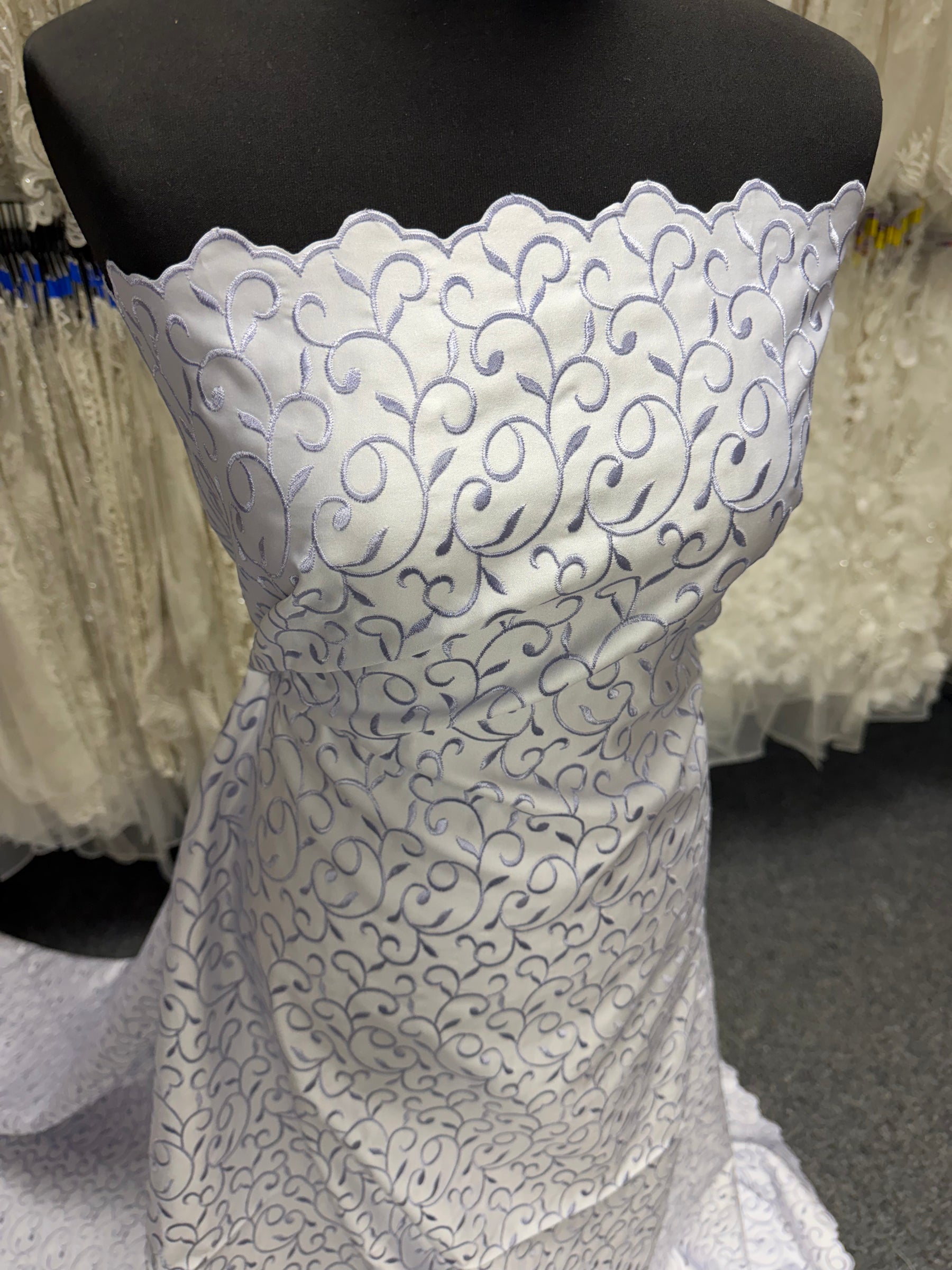 White/Lilac Embroidered Duchess Satin - P476