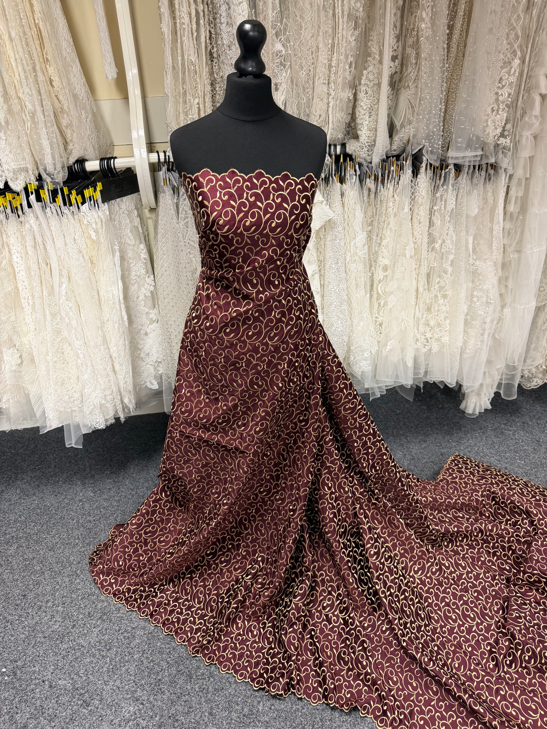 Dark Wine/Gold Embroidered Duchess Satin - P476