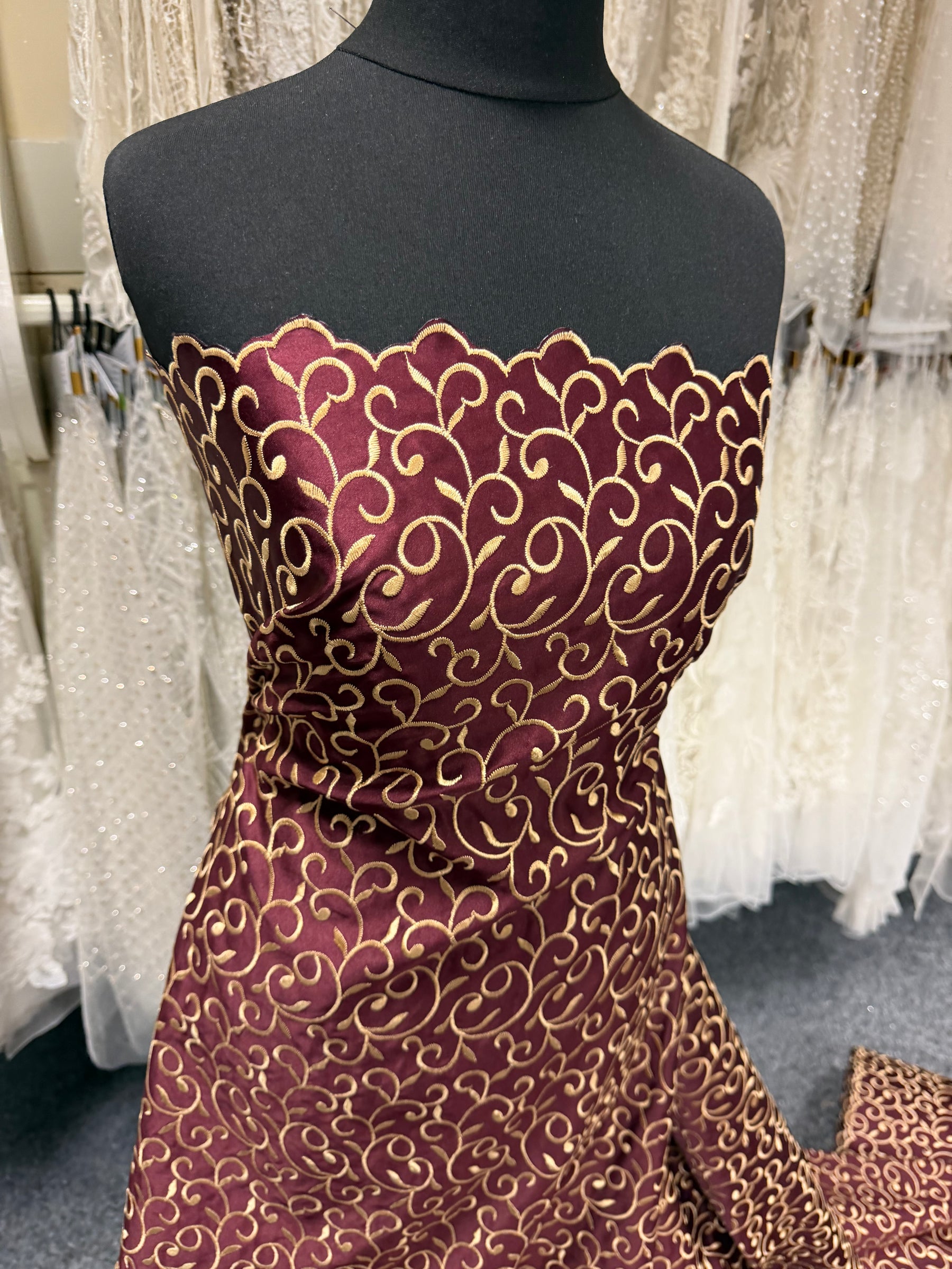 Burgundy/Dark Gold Embroidered Duchess Satin - P476