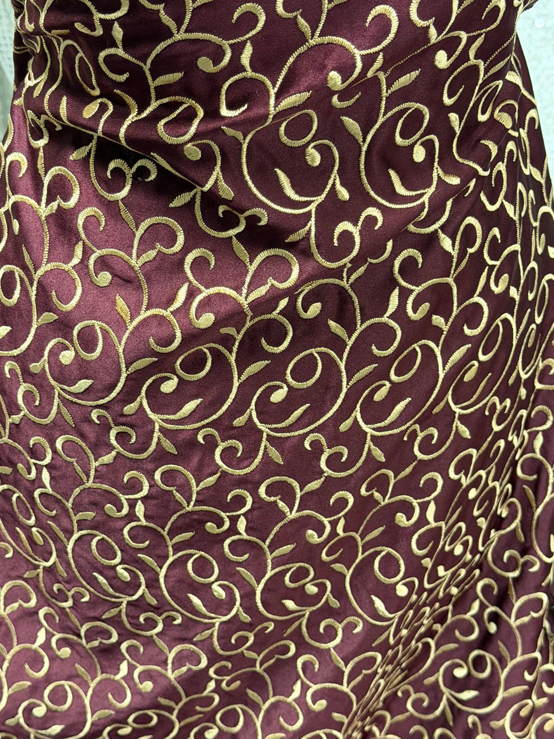 Burgundy/Dark Gold Embroidered Duchess Satin - P476