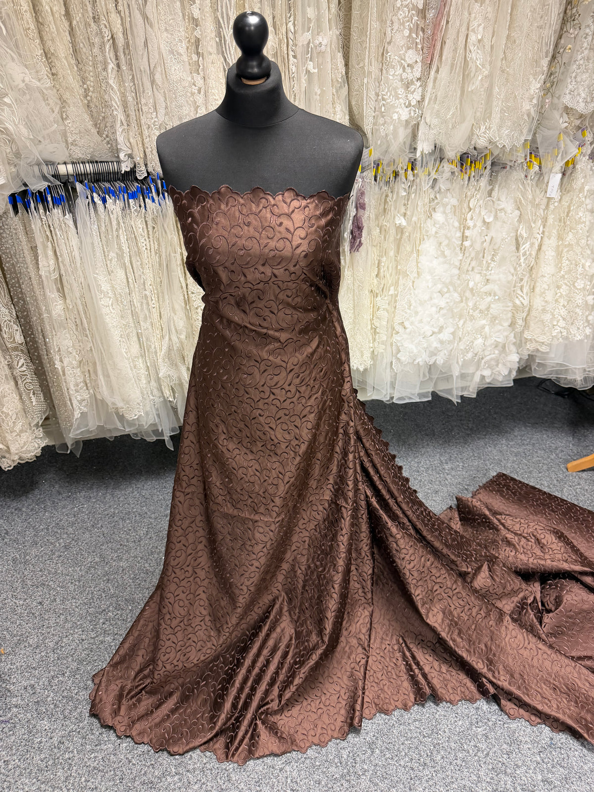 Chocolate Embroidered Duchess Satin - P476