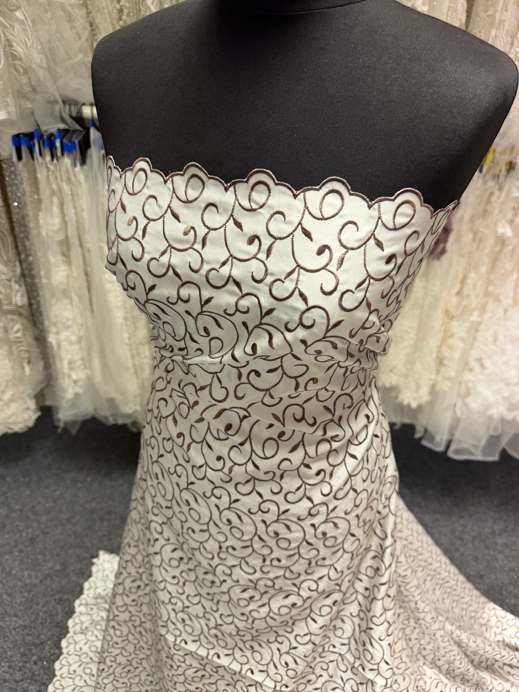 Ivory/Mid Cocoa Embroidered Duchess Satin - P476