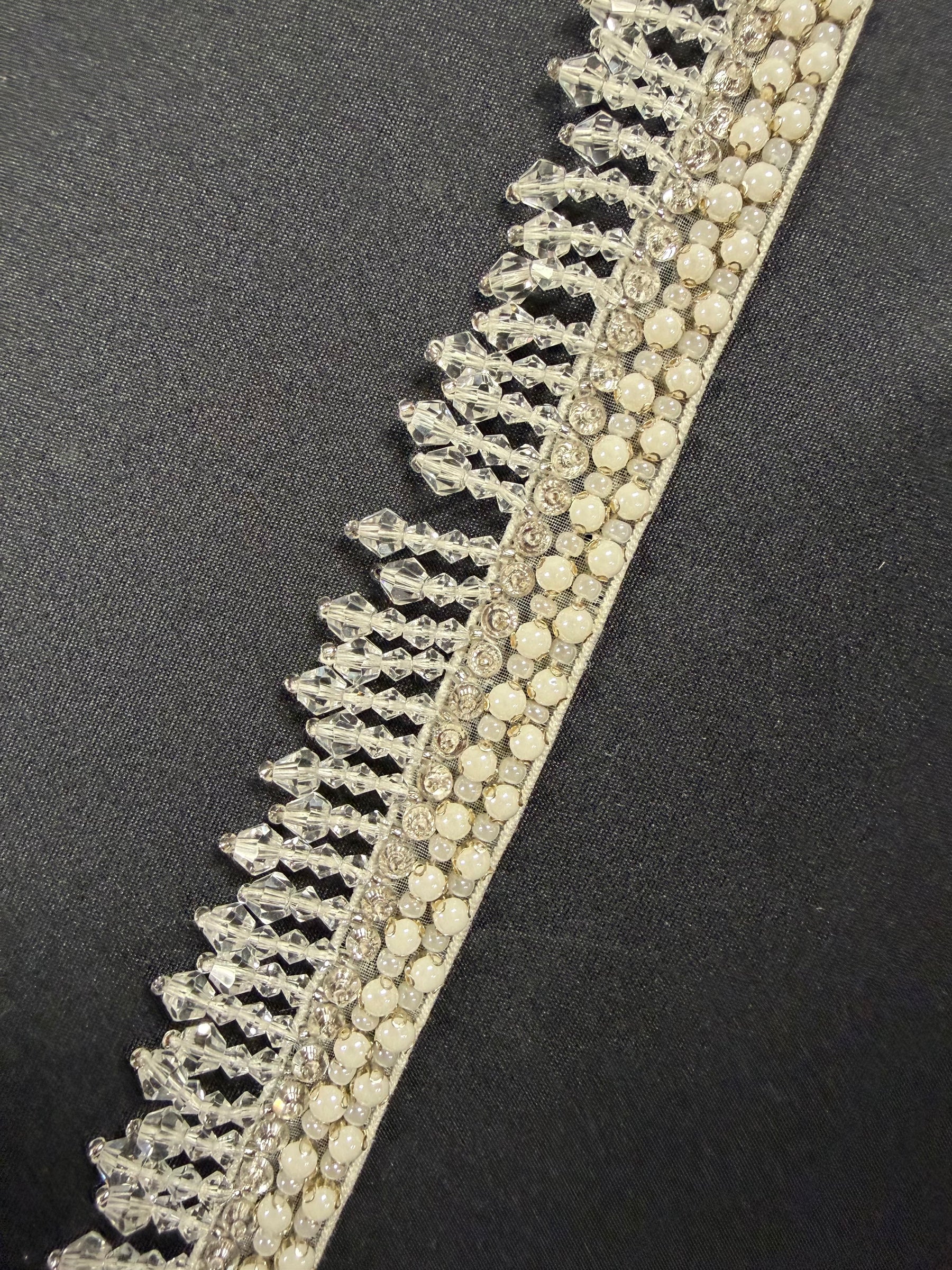 Ivory and Silver Crystal Beaded Edging - T823