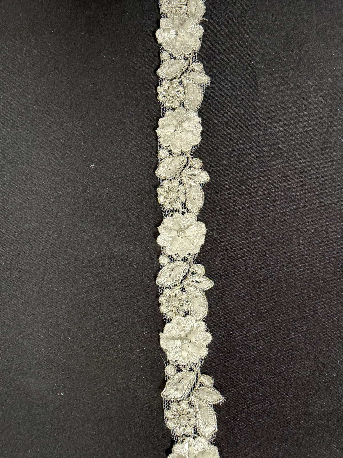 Ivory/Silver Beaded Flower Trim - T826