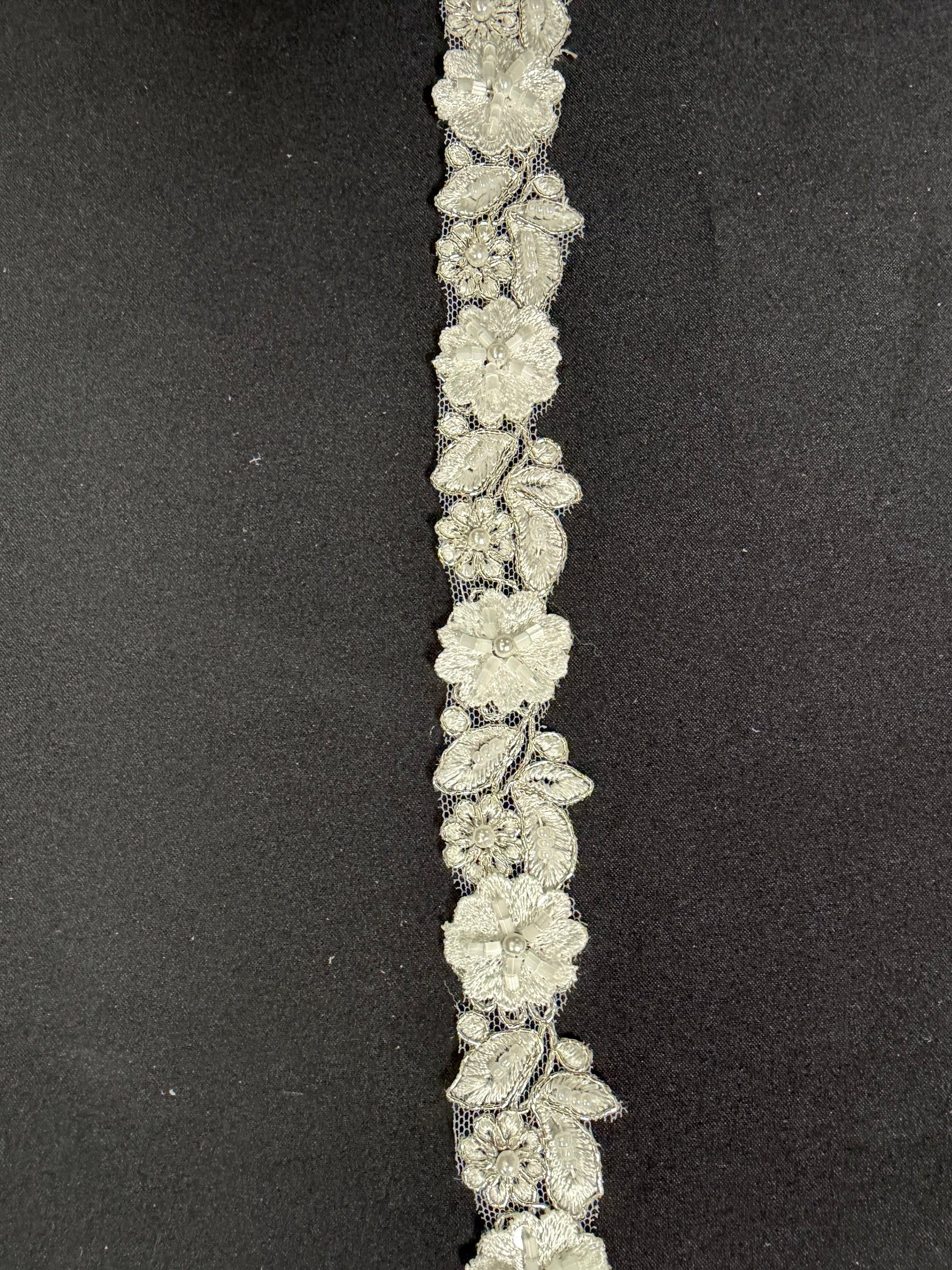 Ivory/Silver Beaded Flower Trim - T826