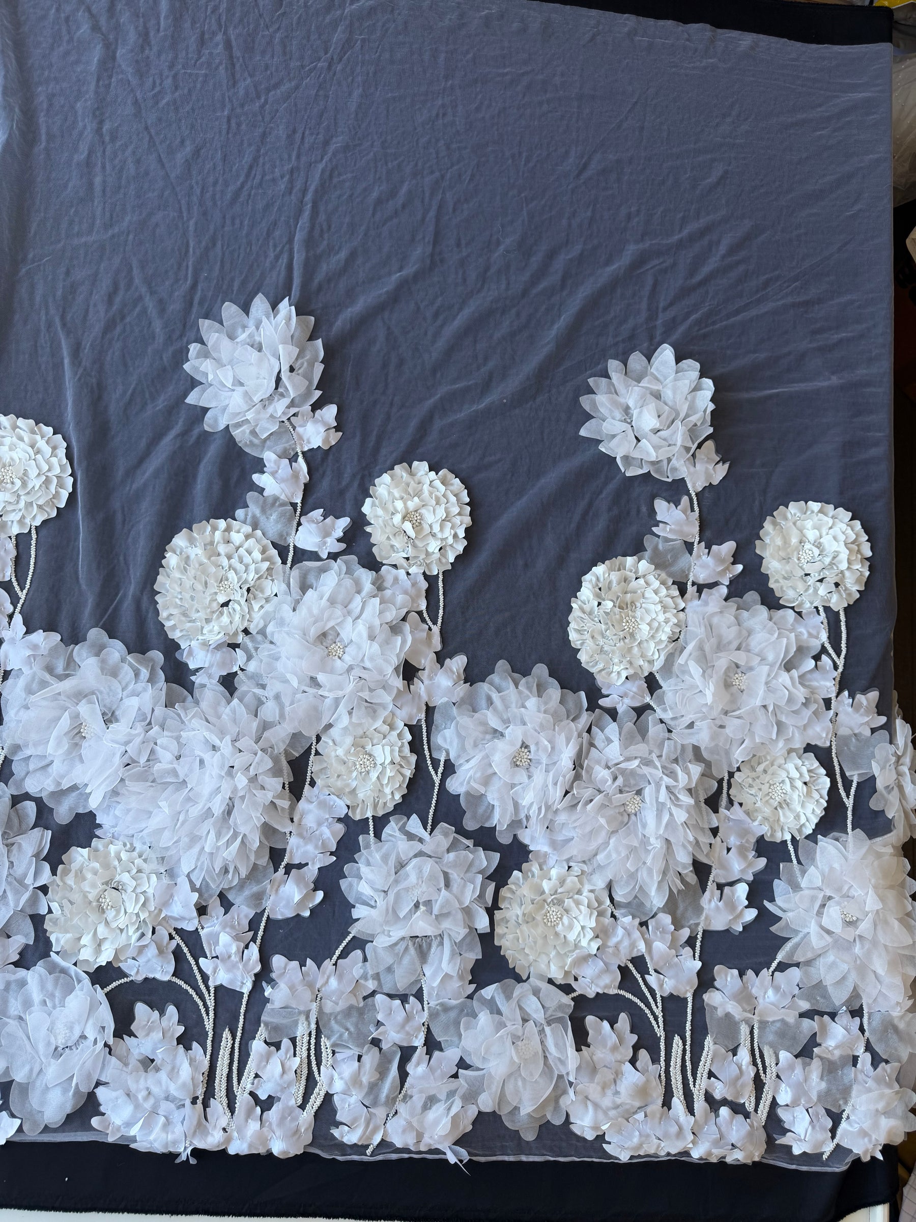 Ivory 3D Emb Beaded Tulle - EB1109
