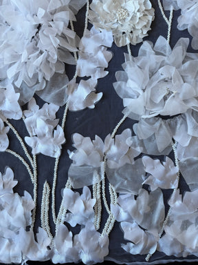 Ivory 3D Emb Beaded Tulle - EB1109