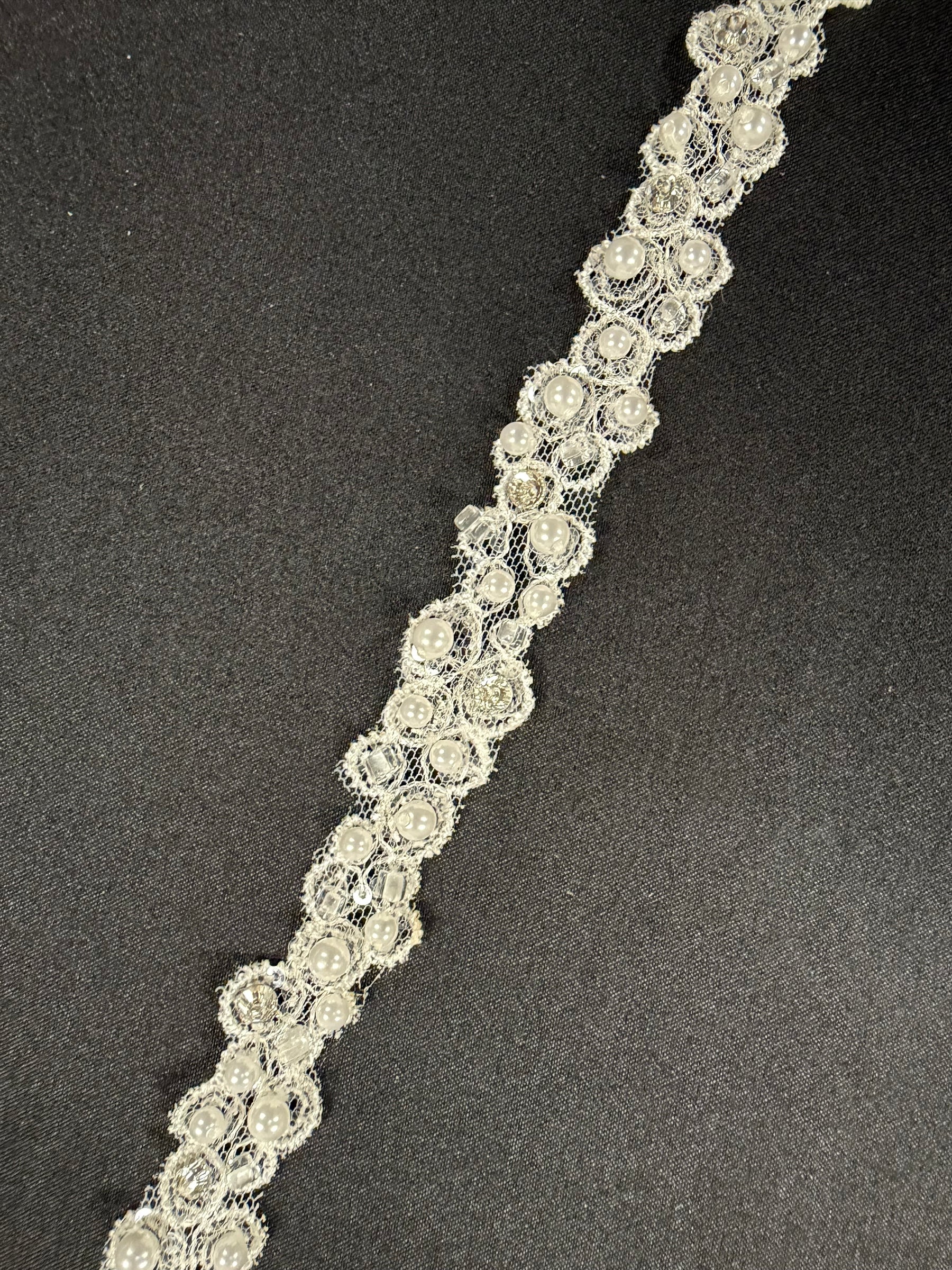 White Beaded Lace Trim - Sage (T834)